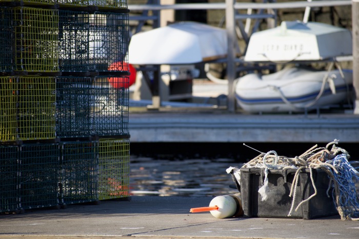 Information about our custom charter, and a photo of lobster traps at the state street commercial dock in Marblehead, MA